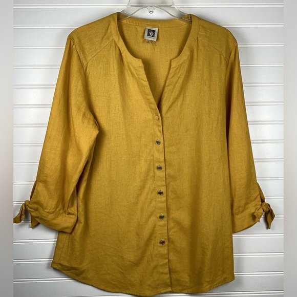 Anne Klein mustard Yellow linen blend button down 3/4 sleeve Top Size Medium - Picture 1 of 8